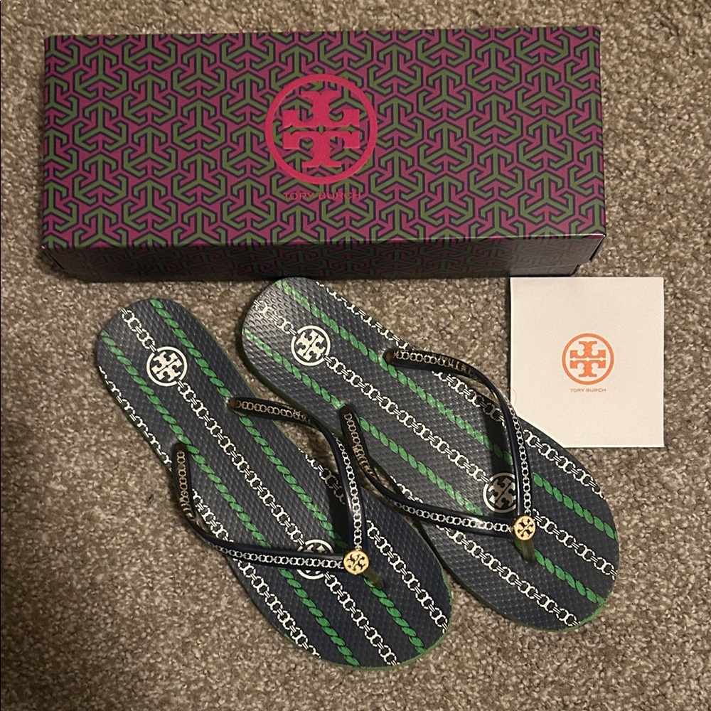 Tory Burch Navy and Green Flip Flops